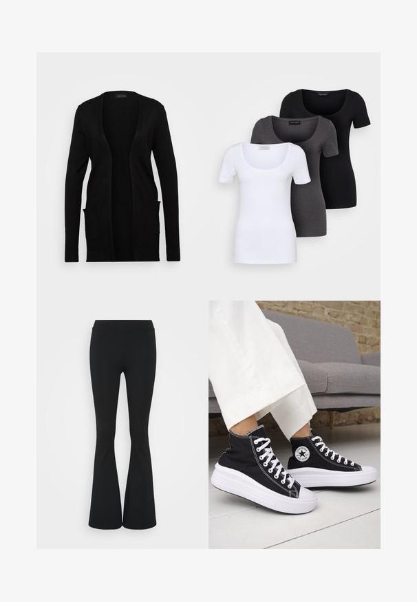 Svart cardigan med åpen front, laget av mykt materiale. Den har lange ermer og to frontlommer. En enkel design med ribbede detaljer.; Tre figurerte T-skjorter i hvit, grå og svart. Hver har en bred scoop-nakke og korte ermer. Laget av glatt, elastisk stoff.; Svarte flared bukser laget av elastisk stoff, med høy midje og en glatt tekstur. Buksene vidder ut fra kneet.; Svarte høye sneakers med hvite gummisåler og lisser. Har et rundt logo-merke og kontrasterende hvite sømmer. Laget av lerret.