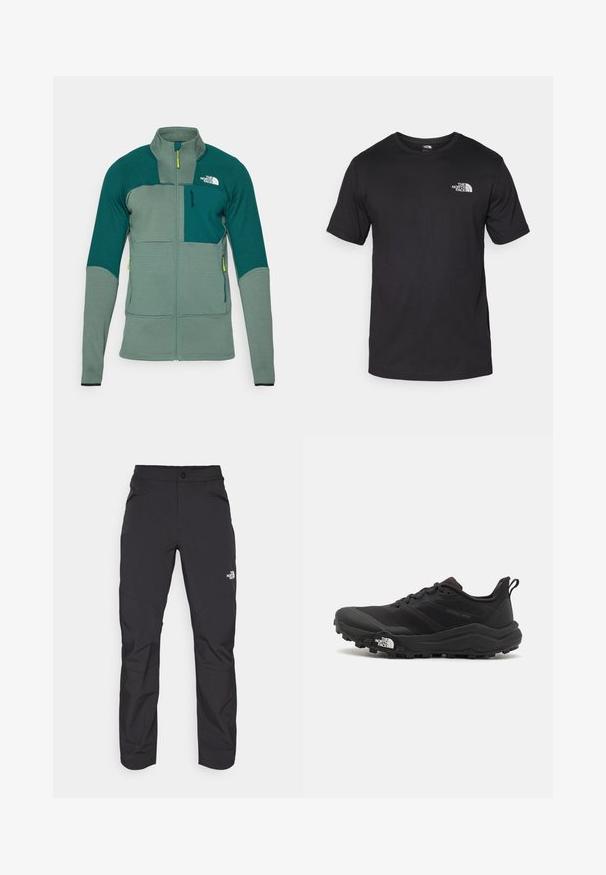 Grøn udendørsjakke med struktureret stof, høj krave, frontlynlås og kontrasterende farvepaneler med brystlomme og logo.; Sort kortærmet t-shirt lavet af bomuld, med rund halsudskæring og et lille hvidt logo på den øverste venstre brystområde.; Sorte udendørs bukser med lynlåslomme foran, syntetisk materiale, tætsiddende ben og forstærkede knæpaneler. Har en knaplukning.; Sort trail løbesko med en struktureret overdel, gummisål og forstærket tåhætte. Har en polstret krave og en pull-tab til nem påtagning.