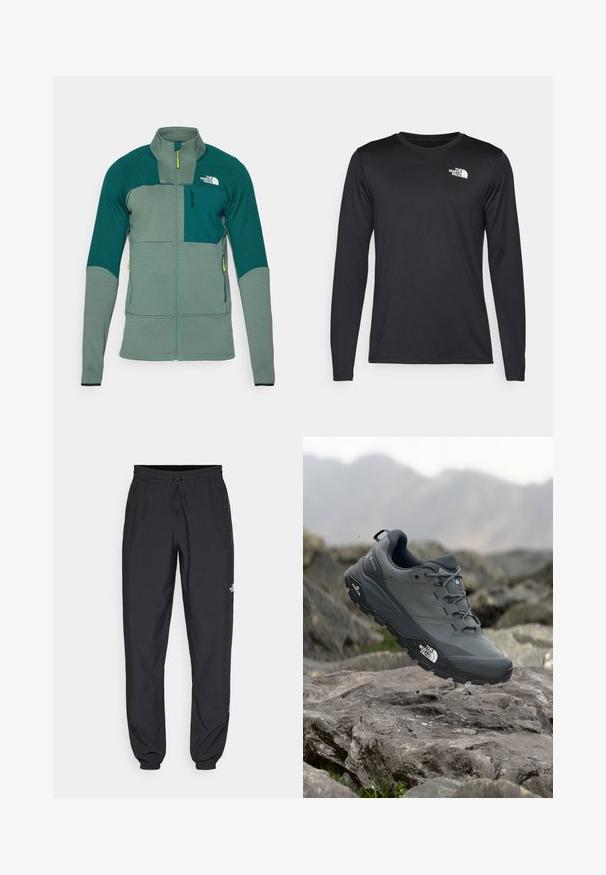 Grønn utendørsjakke med teksturert stoff, høy krage, frontglidelås og kontrasterende fargede paneler med brystlomme og logo.; Langermet svart prestasjonstrøye laget av lett stoff, med en hvit logo på øvre venstre bryst. Glatt tekstur.; Sorte idrettsbukser laget av lett stoff, med snor i livet, sidelommer og smale mansjetter ved anklene.; Grå terrengløpesko med en teksturert overdel, slitesterk gummisåle og forsterket tåhette. Inkluderer snørebånd og merkevarelogo på siden.