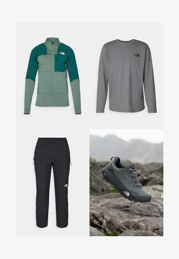 Groene outdoorjas van textuurstof, met hoge kraag, voorzak met rits, contrasterende kleurpanelen, een borstzak en logo.; The North Face M L/S SIMPLE DOME TEE - Longsleeve - medium grey heather; The North Face WINTER EXPLORATION TAPERED CARGO - Outdoorbroeken - black; Grijze trailrun-schoen met een gestructureerde bovenkant, duurzame rubbersole en versterkte neuskap. Voorzien van veters en een merkimprint aan de zijkant.