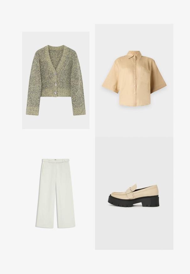 Lyhythihainen keskipitkä neuletakki, jossa on tekstuuri neulos ja vihreän ja harmaan sävyjen sekoitus. Takissa on neljä hopeanväristä nappia ja V-kaula-aukko.; Lyhyet hihat, beige paita, jossa on klassinen kaulus, etupainonappikiinnitys ja vasemmalla rintakehällä tasku. Silkkinen kangas, jossa ei ole näkyviä kuvioita tai tekstuureja.; Housut leveillä lahkeilla vaalean kermaisessa kankaassa, jossa on sivutaskut, litteä etuosa ja yksi nappikiinnitys vyötäröllä. Silkkinen pinta.; Beige nahka loaferit mustalla paksulla pohjalla, jossa on koristeellinen solki ja ompelusegmentti edessä. Sivunäkymä.