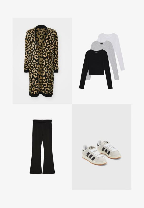 Sweter w panterkę w czerni i beżu, z luźnym krojem, otwartym przodem oraz długimi rękawami, wykonany z miękkiego dzianiny.; Trzy bluzki z długim rękawem ułożone jedna na drugiej: czarna, szara i biała. Każda z okrągłym dekoltem i skróconym fasonem, wykonana z gładkiego, lekkiego materiału.; Czarne legginsy w stylu dzwonów wykonane z elastycznej tkaniny. Posiadają szeroki pas i gładką teksturę, z dopasowanym krojem, który rozszerza się ku dołowi.; Szare zamszowe trampki z białymi sznurówkami, czarnymi paskami i białą gumową podeszwą. Posiadają okrągłe logo na języku oraz gumową podeszwę.