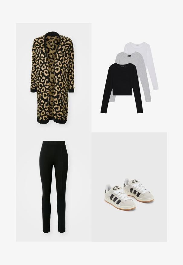 Leopardmønster cardigan i sort og beige, med en løs pasform, åben front og lange ærmer lavet af et blødt strikmateriale.; Tre lange ermer t-skjorter stablet: svart, grå og hvit. Hver har en rund hals og et kort design med glatt, lett stoff.; Svart leggings laget av elastisk materiale, med høy midje, slim fit, og to bestemmer lommer uten synlige sømmer.; Grå semsket sneakers med hvite lisser, svarte striper og en hvit gummisåle. Har en sirkulær logo på tungen og en gummisåle.