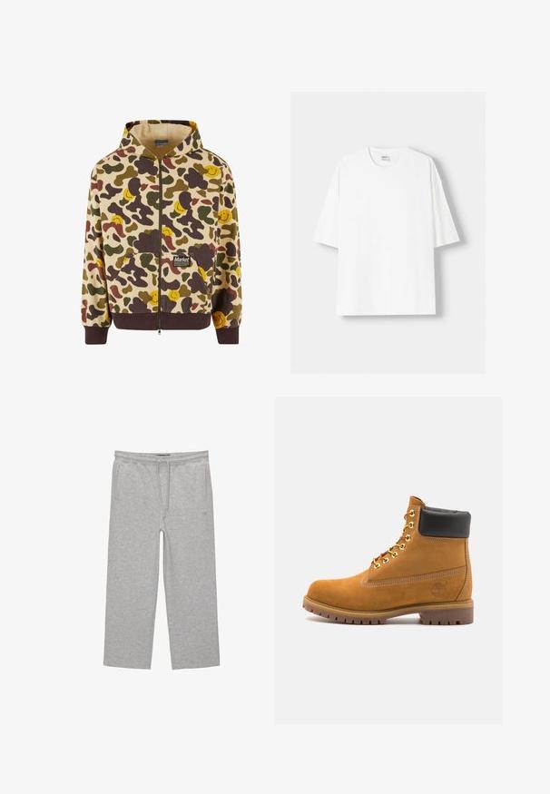 Beige színű, kapucnis, cipzáros pulóver, amely camouflázs mintával van ellátva, barna, zöld és sárga mosolygós arcokkal. Elöl zsebekkel és bordázott mandzsettákkal rendelkezik.; Fehér, rövid ujjú pamut póló, kerek nyakkivágással és laza szabással. Simább textúra, látható minták vagy díszítések nélkül.; Szürke pamut loungewear nadrág elasztikus derékkal, zsinórral és két oldalsó zsebbel; egyenes lábú kialakítás, puha textúra, minta nélkül.; Barna velúr bokacipő fekete párnázott gallérral, arany fém fűzőlyukakkal, fehér varrási részletekkel és durva gumitalppal, amelynek kifejezett barázdái vannak.