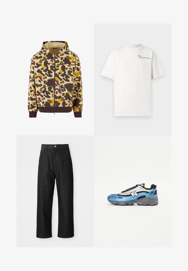 Beige színű, kapucnis, cipzáros pulóver, amely camouflázs mintával van ellátva, barna, zöld és sárga mosolygós arcokkal. Elöl zsebekkel és bordázott mandzsettákkal rendelkezik.; Fehér pamut rövid ujjú póló környakú kivitelben, a mellkason fekete nyomtatott szöveggel: "Carhartt Work in Progress 1989."; Fekete farmernadrág laza szabással, magas derékkal, cipzáras záródással és öt zsebes kialakítással. Látható varrással kiemeltek az egész pantalon.; Kék és ezüst sportcipő, hálós és szintetikus anyagokkal, vastag szürke talppal és jellegzetes fekete akcentussal. A 1000-es modellszám látható.