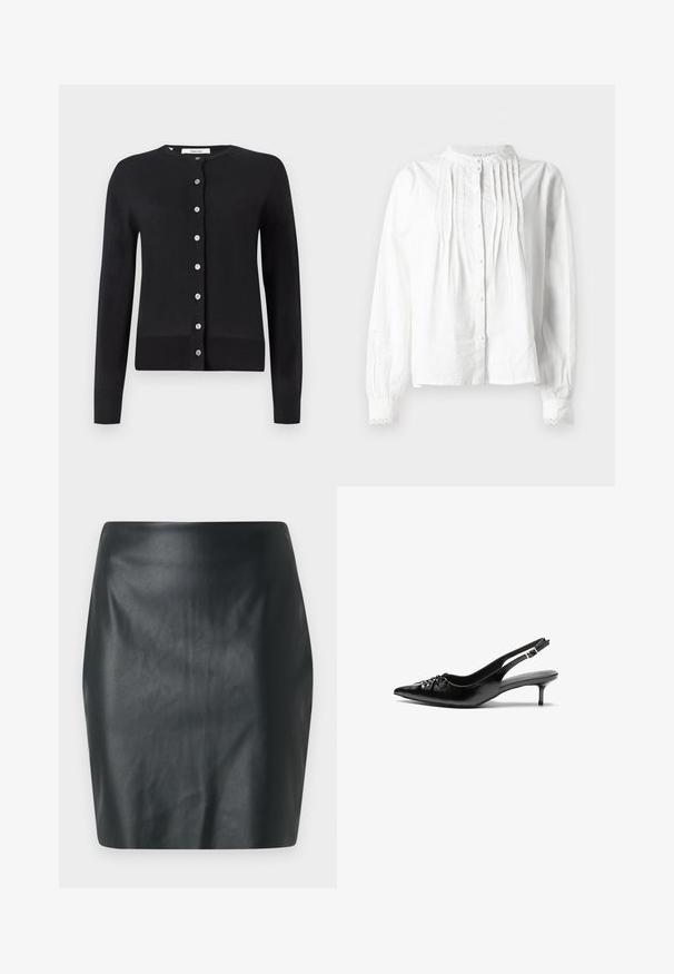 Zwarte cardigan gemaakt van een zachte stof, met een ronde halslijn, lange mouwen en een centrale knoopsluiting met zilveren knopen.; Witte blouse met lange mouwen en staande kraag, verticale plooien aan de voorkant, knoopsluiting en gekantte manchetten.; Zwarte faux leren mini-jurk met een gladde textuur, slim fit en een rechte snit. Geen zichtbare hardware of versieringen.; Zwarte leren slingback hakken met een spitse neus, kleine kittenhak en een decoratieve knoopdetail aan de voorkant. Smooth textuur overal.