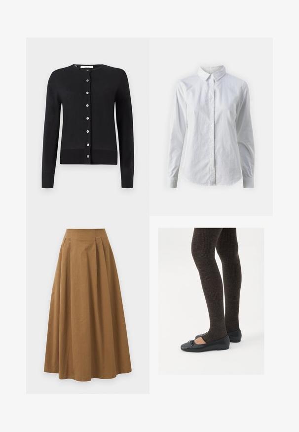 Crni kardigan od mekog materijala, s okruglim izrezom, dugim rukavima i središnjim kopčanjem na dugmad s nekoliko srebrnih dugmadi.; Bjela košulja na dugih rukava od glatkog pamuka, s klasičnom kragnom i zakrivljenim rubom. Dugmad su mala i bijela.; Smeđa pamučna suknja A kroja s visokim strukom, koja ima nabore sprijeda i glatku teksturu. Završetci donjeg ruba su čisti i jednostavni.; Crne ravne cipele s malim mašnom na vrhu prstiju, uparene s tamnosmešnim rebrovanim čarapama. Cipele imaju glatku teksturu i nizak profil.