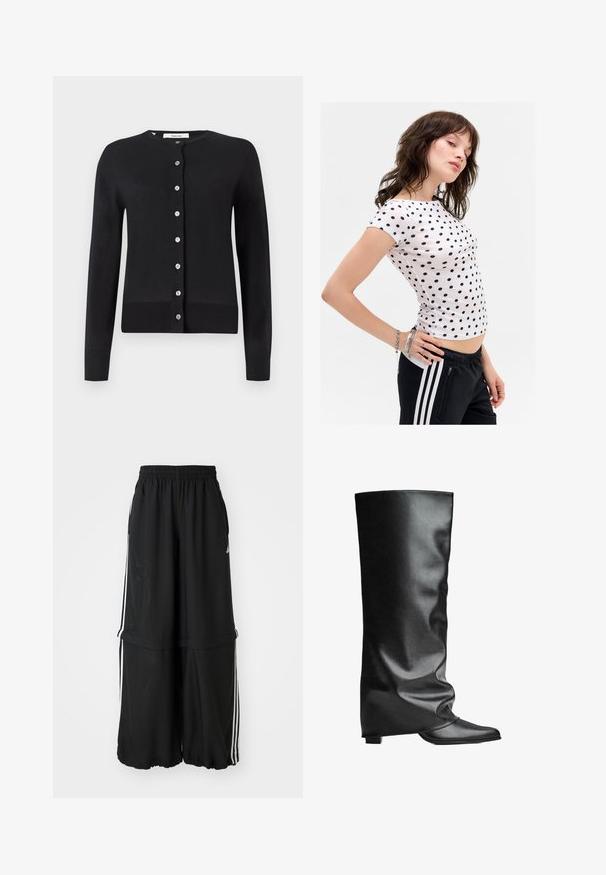 Cardigan negru realizat dintr-un material moale, cu o guler rotund, mâneci lungi și o deschidere centrală cu nasturi argintii.; Tricou alb cu mânecă scurtă, cu buline bleumarin, design ajustat, decolteu rotund și cusături laterale subtile. Purtați cu pantaloni de trening negri.; Pantaloni atletici negri cu un tiv elastic, dungi pe lateral și o croială lejeră, cu un tiv strâns pentru un aspect fluid.; Bocanci negri din piele până la genunchi, cu o textură netedă, design lejer, vârf ascuțit și toc pătrat mic. Stil minimalist fără elemente de hardware vizibile.
