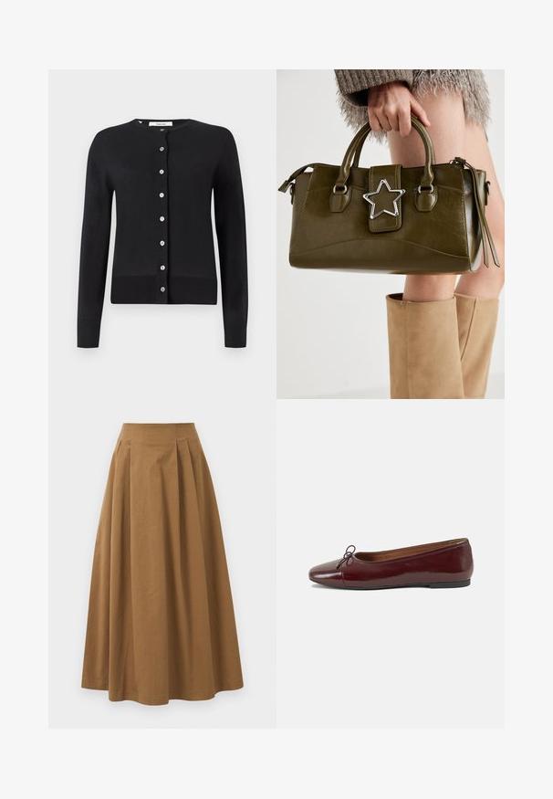 Crni kardigan od mekog materijala, s okruglim izrezom, dugim rukavima i središnjim kopčanjem na dugmad s nekoliko srebrnih dugmadi.; Siva pamučna majica s klasičnim okruglim izrezom, kratkim rukavima i glatkom teksturom, pogodna za svakodnevno nošenje.; Smeđa pamučna suknja A kroja s visokim strukom, koja ima nabore sprijeda i glatku teksturu. Završetci donjeg ruba su čisti i jednostavni.; Burgundska lakirana balerinka s zaobljenim vrhom, malim mašnom sprijeda i niskom, crnom gumenom potplatu. Glatka tekstura.; Maslinasto zelena torba od umjetne kože s srebrnim zvijezdastim detaljem, dvostrukim ručkama i zatvaranjem na munje. Teksturirana površina i strukturirani oblik.