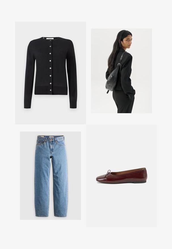Black cardigan made of a soft fabric, featuring a round neckline, long sleeves, and a central button placket with silver buttons.; White sleeveless tank top made of ribbed fabric, featuring a rounded neckline and a fitted silhouette, with minimal seams and no embellishments.; Light blue denim jeans with a straight leg design, five pockets, a zipper fly, and a subtle faded texture. Classic styling with minimal hardware.; Burgundy patent leather ballet flat with a rounded toe, small bow accent at the front, and a low, black rubber sole. Smooth texture.; Woman with long dark hair wearing a black suit, carrying a black leather shoulder bag, looking over her shoulder against a white background.