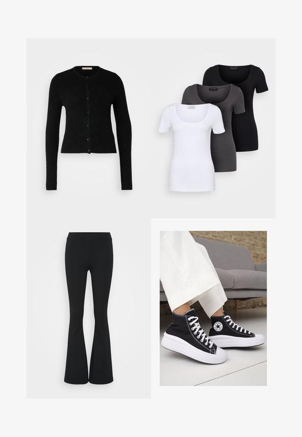 Gina Tricot Tall CARDIGAN - Adīta jaka - black; Trīs pieguļoši T-krekli baltā, pelēkā un melnā krāsā. Katram ir plaša izgriezuma kakla un īsas piedurknes. Izgatavoti no gluda, elastīga auduma.; Melnas izplešanās bikses, izgatavotas no elastīga auduma, ar augstu vidukli un gludu tekstūru. Bikses izvēršas no ceļa.; Melni kanvas augstpapēžu apavi ar baltām gumijas zolēm un auklām. Ievērojams aplis logotips sānos un kontrastējoša balta šuvums.