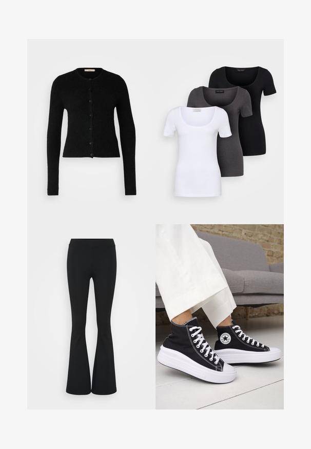 Gina Tricot Tall CARDIGAN - Jopica - black; Tri prilegla majica v beli, sivi in črni barvi. Vsaka ima širok izrez na vratu in kratke rokave. Narejene so iz gladkega, raztegljivega materiala.; Črne hlače s širokimi hlačnicami, izdelane iz raztegljive tkanine, z visokim pasom in gladko teksturo. Hlače se širijo od kolena navzdol.; Črni visoki supergi z belimi gumijastimi podplati in vezalkami. Na njih je okrogel logotip in kontrastno belo šivanje. Iz blaga platna.