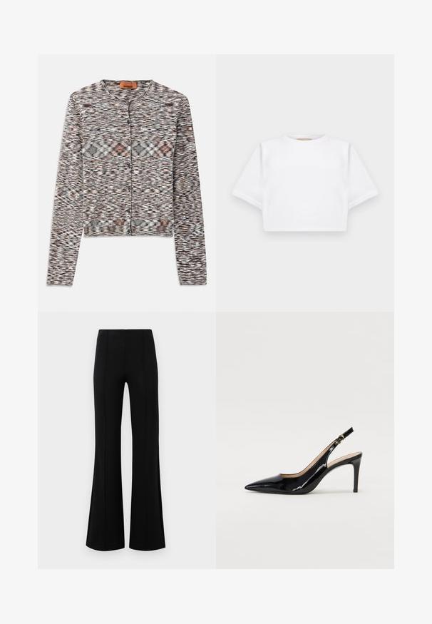 Cardigan corto con scollo rotondo, realizzato in tessuto a maglia testurizzata. Presenta un motivo astratto multicolore, bottoni frontali e maniche lunghe.; T-shirt bianca cropped realizzata in tessuto morbido, con maniche corte, scollo rotondo e dettagli a costine sull'orlo. Design semplice e senza fronzoli.; Pantaloni neri a zampa d'elefante con vita alta, realizzati in tessuto elastico. Presentano dettagli di cucitura verticale nella parte anteriore e una texture liscia.; Pumps slingback in pelle verniciata nera con punta affilata, tacco sottile e un design con ritagli delicati. Caratterizzate da una fibbia dorata sul cinturino.