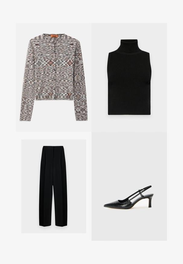 Zkrácený cardigan s kulatým výstřihem, vyrobený z texturované pleteniny. Vyznačuje se mnohobarevným abstraktním vzorem, předními knoflíky a dlouhými rukávy.; Černý bezrukávový rolák s žebrovanou strukturou a přiléhavým designem. Hladká tkanina s vysokým krkem a bez dalších ozdob.; Černé široké kalhoty s vysokým pasem, které mají sklady a hladký povrch. Tkanina vypadá lehce a krásně se splétá.; Černé lakované slingback podpatky s špičatou špičkou, zdobené texturovaným hadím vzorem, nastavovacím páskem a krátkým texturovaným blokovým podpatkem.