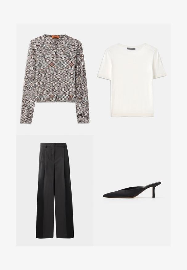 Korte cardigan met een ronde hals, gemaakt van textuur gebreide stof. Bevat een multikleurig abstract patroon, voorknopen en lange mouwen.; Witte gebreide top met korte mouwen en een ronde halslijn, met een gladde textuur en subtiele ribgebreide accenten bij de mouwen en de zoom.; Zwarte wijde broek met hoge taille, met voorplooien, een gladde textuur en een nette afwerking. Ontworpen voor een ontspannen pasvorm.; Zwarte muiltje met spitse neus en een strak ontwerp, gemaakt van gladde stof, met een slanke hak en open achterkant voor gemakkelijk aan- en uittrekken.