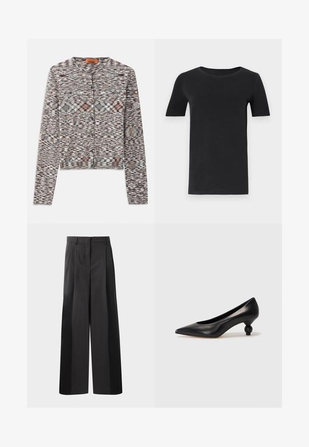 Crop cardigan with a round neck, made of textured knit fabric. Features a multicolored abstract pattern, front buttons, and long sleeves.; Black short-sleeve t-shirt made of soft cotton, with a round neckline and a classic fit. Smooth texture, no patterns or embellishments.; Black wide-leg trousers with a high waist, featuring front pleats, a smooth texture, and a tailored finish. Designed for a relaxed fit.; Black leather high heel shoe with a pointed toe and a round, balled heel. Smooth texture with a sleek, minimal design.