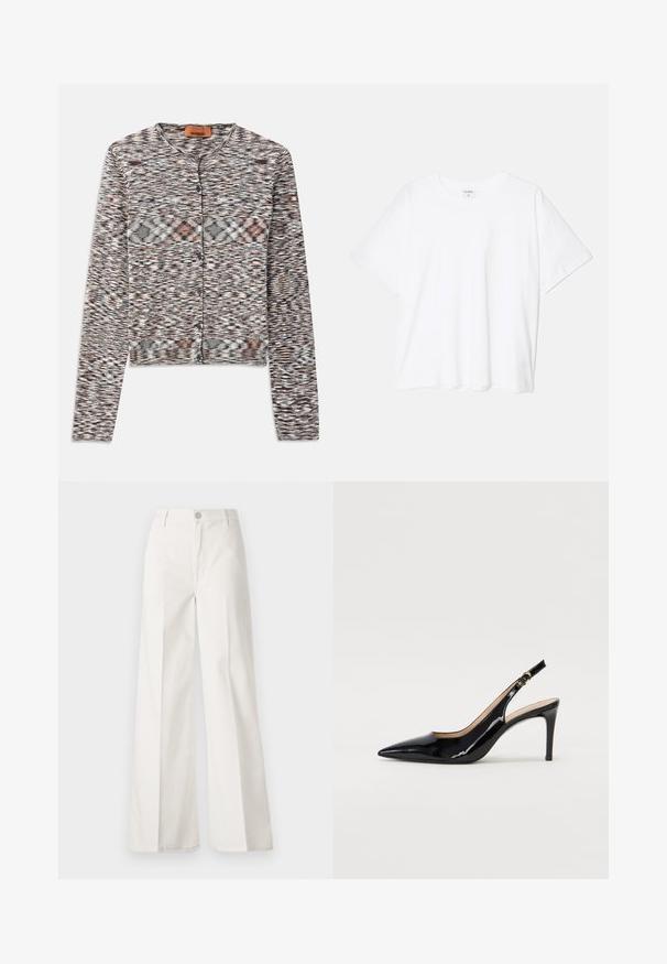 Crop cardigan with a round neck, made of textured knit fabric. Features a multicolored abstract pattern, front buttons, and long sleeves.; White cotton t-shirt with short sleeves, round neckline, relaxed fit, and stitched hem. Label visible on the inside neck.; White wide-leg trousers made from cotton with a smooth texture. Features a front button, zipper fly, and four-pocket design.; Black patent leather slingback pump with pointed toe, slim heel, and a subtle cutout design. Features a gold buckle on the strap.