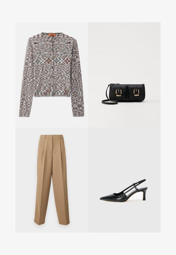 Cardigan court avec un col rond, fabriqué en tissu tricoté texturé. Il présente un motif abstrait multicolore, des boutons sur le devant et des manches longues.; T-shirt noir à manches courtes avec un col en V, fabriqué dans un tissu lisse et extensible. Présente une silhouette simple et classique sans embellissements.; Pantalons beige ajustés avec une taille haute, une devant plissé et une coupe évasée. Le tissu semble lisse avec un léger éclat.; Escarpin slingback en vernis noir avec un bout pointu, présentant un imprimé serpent texturé, une sangle réglable et un petit talon bloc texturé.; Sac en cuir noir porté en travers avec deux poches avant, boucles dorées, fermeture zippée et une sangle fine. Surface texturée et forme rectangulaire compacte.