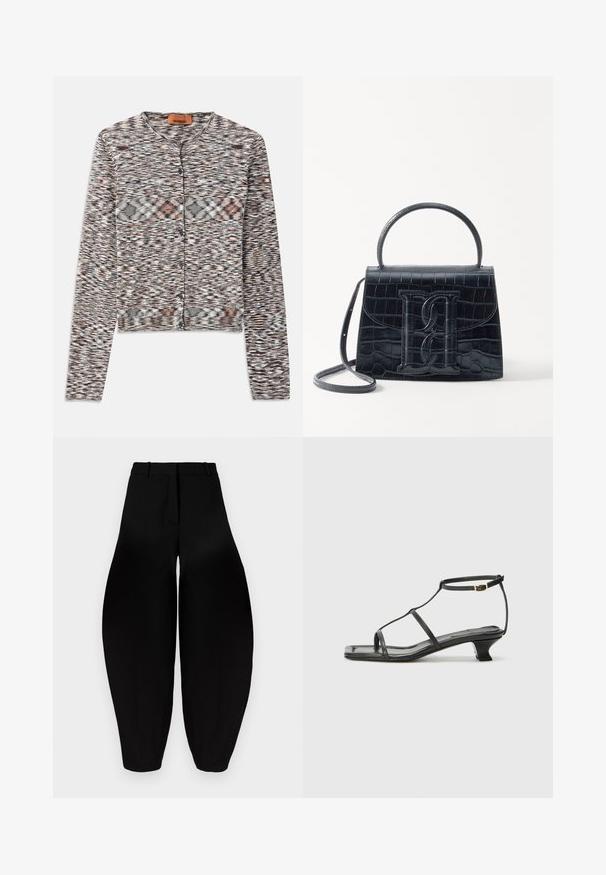 Afkortet cardigan med rund hals, lavet af struktureret strikstof. Har et flerfarvet abstrakt mønster, knapper foran og lange ærmer.; Sort ærmeløs top med tynde stropper, løs pasform og rynket kant. Lavet af letvægtsstof med en glat tekstur.; Sorte vidde bukser med høj talje, plisseret front og smalnende ankler. Fremstillet af glat stof med mat overflade.; Sort lædersandal med firkantet tå, tynde stropper, justerbar ankelrem og en lav hæl. Har et lille gyldent element på stroppen.; Sort krokodillede læderhandbag med en struktureret design, top-håndtag, justerbar rem og et fremtrædende frontlogo.