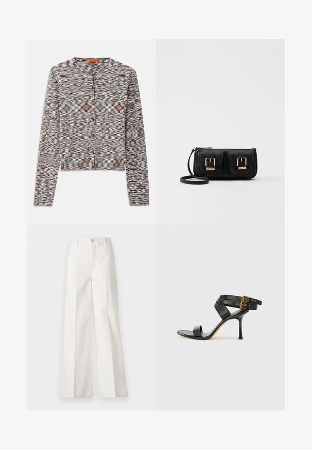 Kort cardigan med rund hals, tillverkad av strukturerat trikåtyg. Har ett flerfärgat abstrakt mönster, knappstängning fram och långa ärmar.; Ljus krämfärgad topp med korta ärmar och spetsdetaljer på ärmarna, rund halsringning och en något rundad nederkant för en avslappnad passform. Mjuk tygstruktur.; Vita vida-byxor gjorda av bomull med en slät textur. Har en framknapp, gylf med dragkedja och fyra fickor.; Svart klack-sandal med korsade remmar och justerbar spänne. Har en slät textur och en taperad stilettklack.; Svart läderaxelväska med två framfickor, guldspännen, dragkedjestängning och en smal rem. Texturerad yta och kompakt rektangulär form.