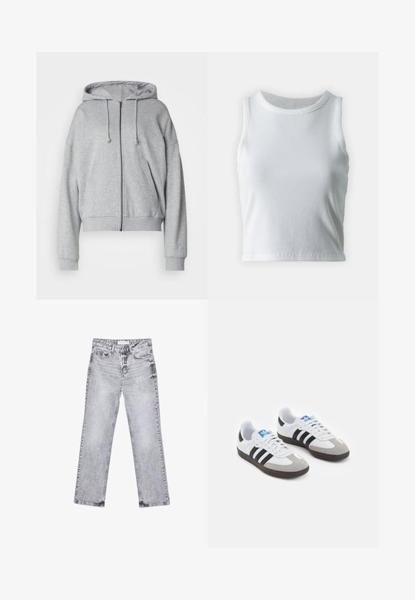 Harmaa vetoketjuhuppari, jossa on kiristettävä huppu, rento istuvuus, sivutaskut sekä ribattu resori hihansuissa ja helmassa. Valmistettu pehmeästä kosteutta siirtävästä kankaasta.; Valkoinen poimutettu hihaton toppi, jossa on pyöreä kaula-aukko, suora helma ja sileä, joustava materiaali.; Harmaat farkut suoran lahkeen leikkauksella, kulutettu yksityiskohtia, viisi taskua ja kuparinappi. Vyötärönauha sisältää logotagin.; Urheilukengät, joissa on valkoinen nahkainen päällinen, harmaa mokkanokka ja kolme mustaa raitaa. Ominaisuuksina sininen logo kielekkeessä ja kuvioitu kumipohja.