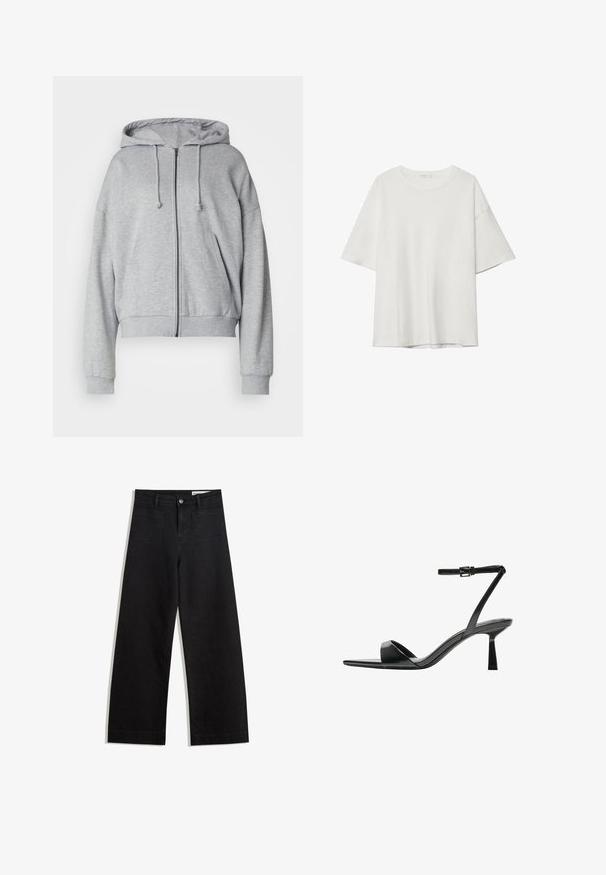 Felpa con zip grigia, dotata di cappuccio con cordino, vestibilità comoda, tasche laterali, polsini e orlo a costine, realizzata in morbido tessuto traspirante.; T-shirt bianco a maniche corte con scollatura rotonda e vestibilità ampia. Realizzato in tessuto morbido senza pattern o dettagli visibili.; Pantaloni in denim neri a gamba larga con vita alta, dotati di tasche anteriori e posteriori, cuciture a punto, e chiusura con bottone. Texture liscia.; Bershka Sandali con tacco - black