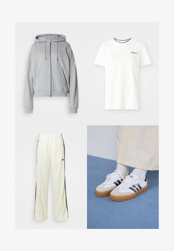 Sivi zip-up dukserica s kapuljačom na vezicu, opuštenog kroja, bočnim džepovima, rebrastim manžetama i donjim rubom, izrađena od mekog materijala koji odvaja vlagu.; Bijela pamučna majica kratkih rukava s okruglim izrezom. Ima crni Adidas logo na prsima i kontrastnu crnu unutrašnju ovratniku.; Kremaste trenerke s opuštenim krojem, s tamno smešnim bočnim prugama i izvezenim logom na levom bedru.; Bjele tenisice s crnim prugama i bež suknjom. Imaju teksturiranu gumu potplat i ravne bijele vezice, nošene uz svijetle čarape.