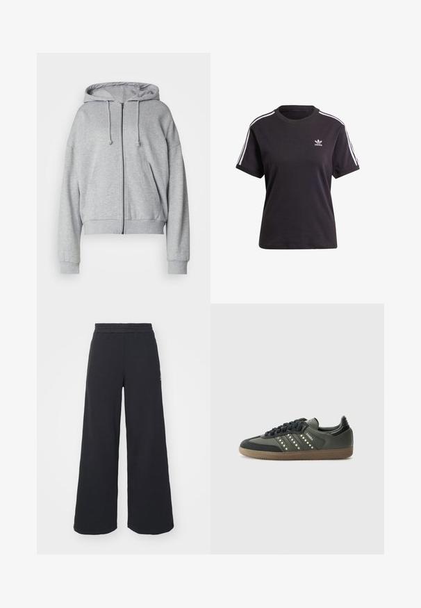 Harmaa vetoketjuhuppari, jossa on kiristettävä huppu, rento istuvuus, sivutaskut sekä ribattu resori hihansuissa ja helmassa. Valmistettu pehmeästä kosteutta siirtävästä kankaasta.; Musta puuvillainen lyhythihainen t-paita pyöreällä kauluksella, jossa on valkoiset raidat olkapäillä ja pieni valkoinen Adidas-logo rinnassa.; Mustat leveät collegehousut, jotka on valmistettu pehmeästä kankaasta. Niissä on elastinen vyötärö ja pieni logo vasemmalla puolella.; adidas Originals SAMBA OG - Matalavartiset tennarit - core black/legend earth/gum