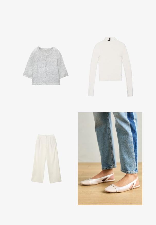 Jasnoszary, dziergany kardigan z okrągłym dekoltem, z przodu na guziki, z rękawami ¾ i miękkim, teksturowanym wykończeniem.; Długi rękaw, wysoki dekolt w kolorze kremowym. Wykonany z gładkiego, elastycznego materiału z detalami szwów i bocznymi rozcięciami u dołu. Metka przy dekolcie.; Spodnie z szerokimi nogawkami w kremowej tkaninie o gładkiej fakturze, z pojedynczym guzikiem z przodu, subtelnymi plisami i wysokim stanem.; Jasnoróżowe baleriny na odkrytej pięcie z wąskim noskiem, wykonane z gładkiego materiału imitującego skórę. Posiadają wycięcia po bokach oraz płaski obcas.