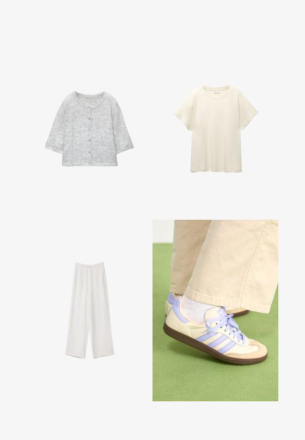 Vaalea harmaa neulehuppari, jossa on pyöreä kaula-aukko, etupainikkeet, ¾-pituiset hihaset ja pehmeä, teksturoitu pinta.; Vaaleanbeige lyhythihainen t-paita, jossa on pyöreä kaula-aukko, valmistettu pehmeästä ja sileästä kankaasta. Ominaisuuksina rento mitta ja suora helma.; Valkoiset leveälahkeiset housut kevyestä kankaasta. Ominaisuuksiin kuuluu elastinen vyötärö, jossa on nauhakuuluma ja sivutaskut. Sileä rakenne.; Kermasilta ja laventelilta näyttävät lenkkarit kolmella raidalla ja teksturoidulla ruskealla pohjalla, varustettuna nauhoilla ja pehmustetulla kantapäällä. Pehmeä kangaspinta.