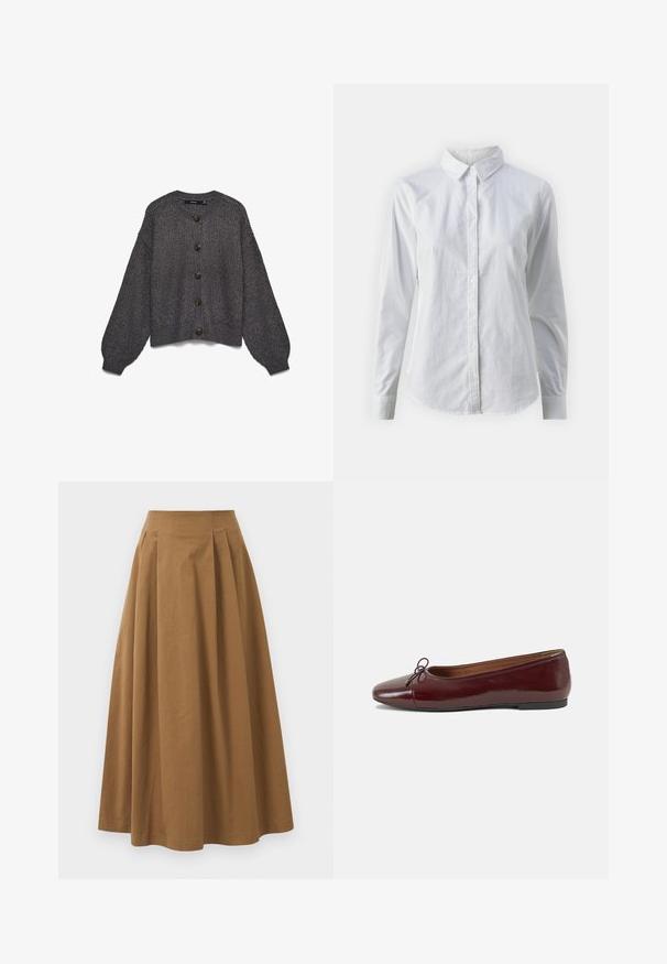Cardigan grigio lavorato a maglia con collo tondo, sette grandi bottoni scuri sul davanti e maniche oversize. Motivo testurizzato su tutta la superficie.; Camicia bianca con bottoni, realizzata in cotone liscio, dotata di un colletto classico, maniche lunghe e orlo curvo. I bottoni sono piccoli e bianchi.; Gonna A-line in cotone marrone con vita alta, caratterizzata da pince sulla parte anteriore e una texture liscia. Le finiture dell'orlo sono pulite e semplici.; Ballerine in pelle verniciata bordeaux con punta arrotondata, piccolo fiocco decorativo sulla parte anteriore e suola bassa in gomma nera. Texture liscia.