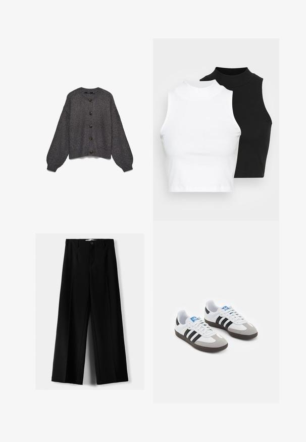 Grå strikket cardigan med rund krave, syv store mørke knapper foran og oversize ærmer. Tekstureret mønster over det hele.; To kjoleløse ribbede turtleneck-toppe i sort og hvid, med en tætsiddende design og glat tekstur, samt cropped længde.; Sorte brede bukser lavet af letvægtsstof, med frontknaplukning og glat front, samt pænt syede kanter.; Sportsko med en overdel i hvid læder, grå ruskind på tåen og tre sorte striber. Har et blåt logo på tungen og en struktureret gummisål.