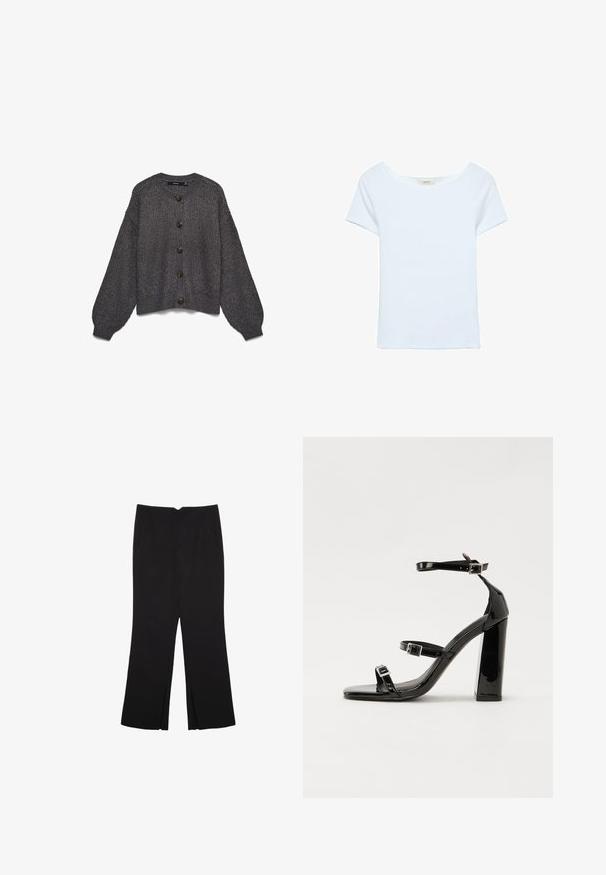 Graue Strickjacke mit rundem Kragen, sieben großen dunklen Knöpfen vorne und übergroßen Ärmeln. Durchgehend strukturiertes Muster.; Weißes T-Shirt aus Rippstoff, mit weitem Rundhalsausschnitt und kurzen Ärmeln. Einfaches Design ohne Muster oder Akzente.; Schwarze Hose mit geradem Schnitt, ausgestattet mit Fronttaschen und Seitenschlitzen am Saum. Hergestellt aus weichem, glattem Stoff. Geeignet für verschiedene Anlässe.; Schwarze patentierte Sandalen mit Absatz, quadratischer Spitze, Knöchelriemen und silbernen Schnallen. Mit einem stabilen Blockabsatz für mehr Stabilität.