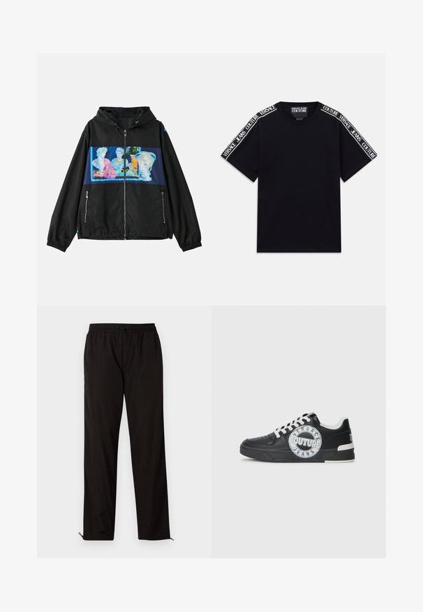 Black jacket with a hood, featuring a colorful graphic panel of classical sculptures on the front. Includes zippered pockets and elastic cuffs.; Black short-sleeve T-shirt with white "Versace Jeans Couture" text bands running along the shoulders and upper sleeves.; Black lightweight trousers with an elastic waistband, drawstring closure, and zippered hems for adjustable fit. Smooth, sleek texture.; Black leather sneakers with white accents, round logo detailing, perforated toe, and contrasting sole. Features white laces and branding.