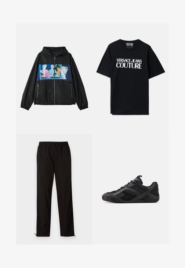 Sort jakke med hætte, der har et farverigt grafisk panel af klassiske skulpturer på forsiden. Inkluderer lynlåslommer og elastiske manchetter.; Sort bomulds t-shirt med korte ærmer, der har stor hvid tekst "VERSACE JEANS COUTURE" på forsiden. Klassisk crew neck design.; Sorte letvægtsbukser med elastisk talje, snørrelseslukning og lynlåse i kanten for justerbar pasform. Glat, elegant tekstur.; Sorte atletik sko med en blanding af glatte og teksturerede materialer, der har et distinkt design, formet sål og fremtrædende branddetaljer.