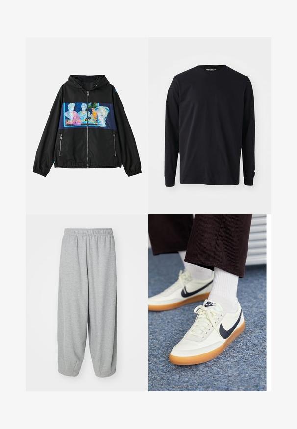 Mustat takki hupulla, jossa on edessä värikäs graafinen paneeli klassisista veistoksista. Sisältää vetoketjullisia taskuja ja joustavat hihansuut.; Mustapaita, jossa on pitkät hihat, valmistettu puuvillasta. Paita on pyöreäkauluksinen ja suoralinjainen, ja hihassa on pieni logo.; Vaaleanharmaat, löysät collegehousut, jotka on valmistettu pehmeästä kankaasta. Joustava vyötärö ja resorit nilkoissa. Yksinkertainen ja koristelematon muotoilu.; Nike-tennarit valkoisesta nahasta, sinisellä swoosh-logolla, varustettuna kumipohjalla ja valkoisilla nauhoilla, yhdistettynä valkoisiin pituusvartisiin sukkiin ja tummiin cord pantseihin.