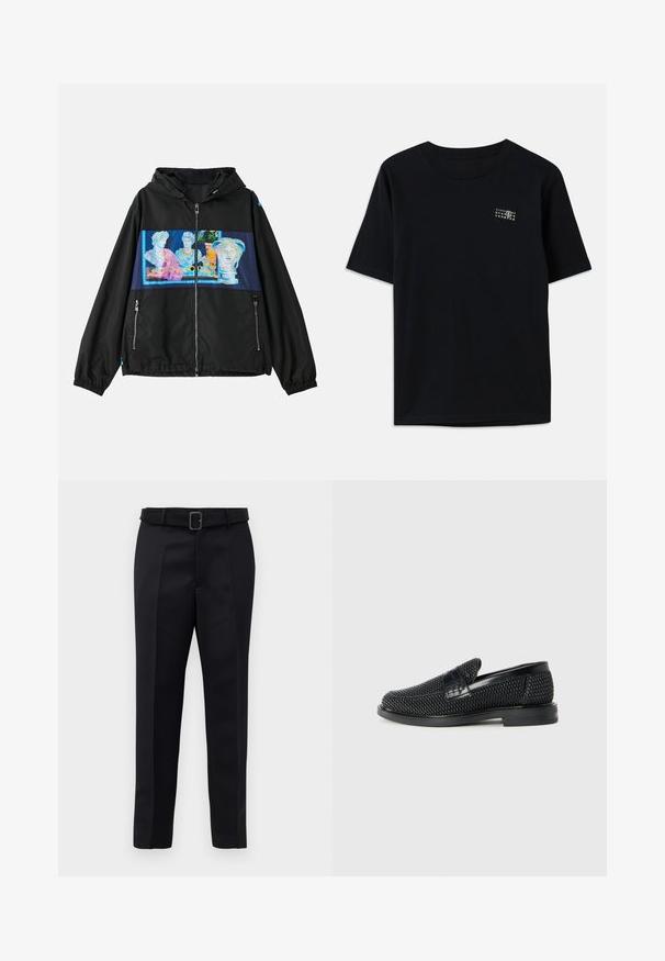 Mustat takki hupulla, jossa on edessä värikäs graafinen paneeli klassisista veistoksista. Sisältää vetoketjullisia taskuja ja joustavat hihansuut.; Mustat puuvillapaidat, joissa on lyhyet hihat, pyöreä pääntie ja pieni valkoinen graafinen kuvio numeroin vasemmassa rinnassa.; Mustat räätälöidyt housut on valmistettu sileästä kankaasta, niissä on suora leikkaus ja vyötäröllä solki, jossa on suorakulmainen muoto. Huomattavat etu taitteet parantavat muotoilua.; Musta kudottu liukupohjallinen kenka, jossa on sileä nahkakorostus päällisessä, pyöreä kärki ja matala kumipohja.