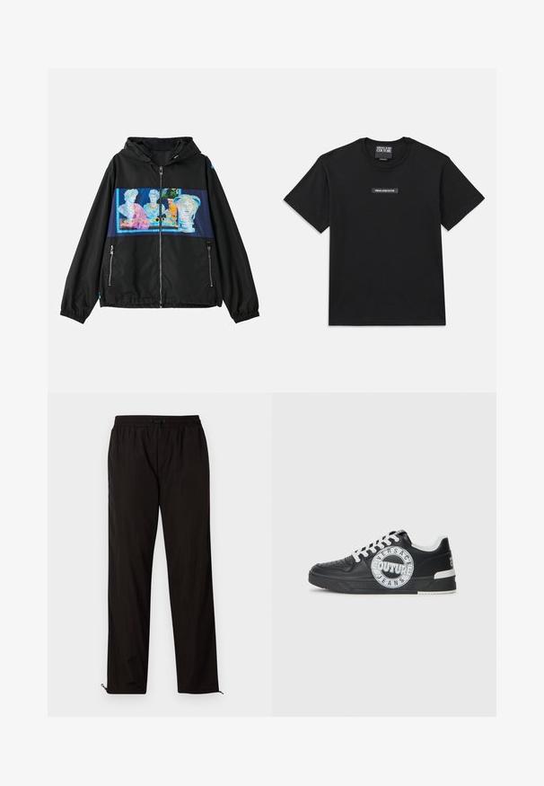 Juodas švarkas su kapuce, kuriame priekinėje pusėje yra spalvingas klasikinės skulptūros grafikos skyrius. Su užtrauktukais užsegamomis kišenėmis ir elastiniais rankogaliais.; Juodas trumpas rankovės marškinėlis, pagamintas iš medvilnės. Ant krūtinės yra stačiakampis logotipo etiketė su užrašu "VERSACE JEANS COUTURE" baltomis raidėmis.; Juodos lengvos kelnės su elastingu juosmeniu, raišteliu ir užtrauktukais apačioje, kad būtų galima pritaikyti dydį. Lygus, glotnus paviršius.; Juodo odinio sportinio avalynė su baltais akcentais, apvaliu logotipo detalizavimu, perforuota priekiu ir kontrastingu padu. Savybės: balti raišteliai ir prekės ženklas.