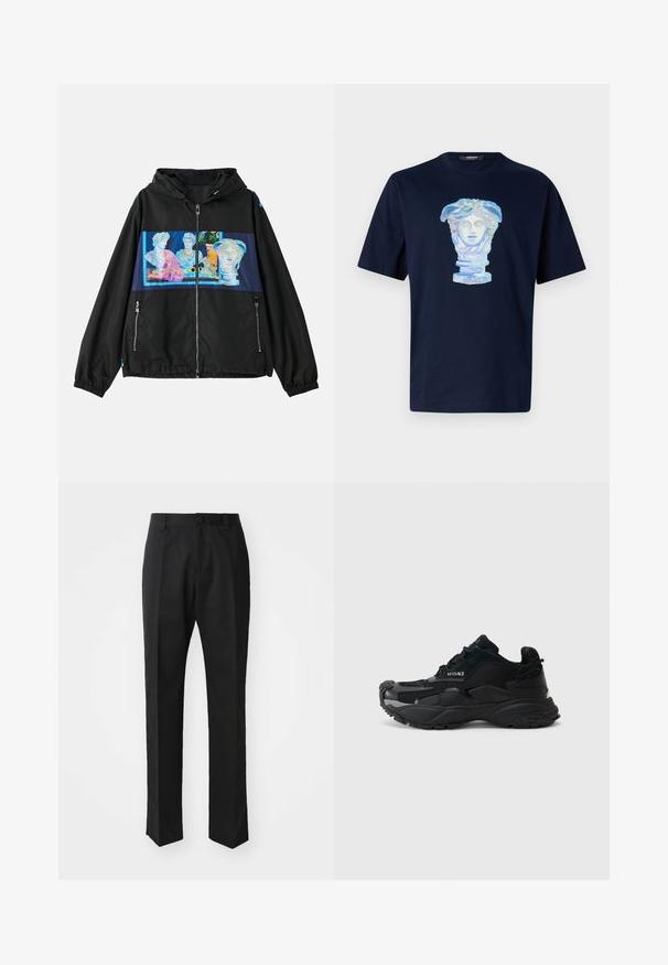 Zwarte jacket met een capuchon, voorzien van een kleurrijk grafisch paneel van klassieke sculpturen aan de voorkant. Inclusief ritszakken en elastische manchetten.; Navyblauw katoenen t-shirt met een grafische print van een klassieke buste in pastelkleuren, met ingewikkelde details en een ontspannen pasvorm.; Zwarte broek van gladde stof, met een recht model, een sluiting met een knoop aan de voorkant en een klassieke, strakke silhouet.; Zwarte sportieve sneakers van mesh en suede materialen, met een gestructureerde zool, ronde neus en Versace-logo detail aan de zijkant.