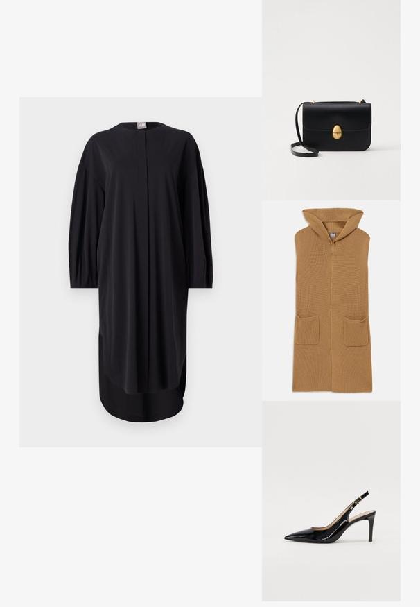 Ilgas, su kapišonu megztas kardiganas smėlio spalvos, su raukšlėta tekstūra. Yra dvi priekinės kišenės. Minkšta tekstūra ir atvira priekinė dalis.; Juoda suknelė, pagaminta iš lygios medžiagos, su apvalia iškirpte, ilgomis rankovėmis ir šoniniais įpjovimais. Laidų siluetas su minimaliais dizaino akcentais.; Juodas lakinės odos slingback batelis su smailiu nosiu, plonu kulnu ir subtiliu išpjovos dizainu. Yra auksinė sagtis ant dirželio.; Juodas odinis rankinukas su struktūrine stačiakampio forma. Yra auksinė ovali sagtis ir plona petneša. Glotni tekstūra.
