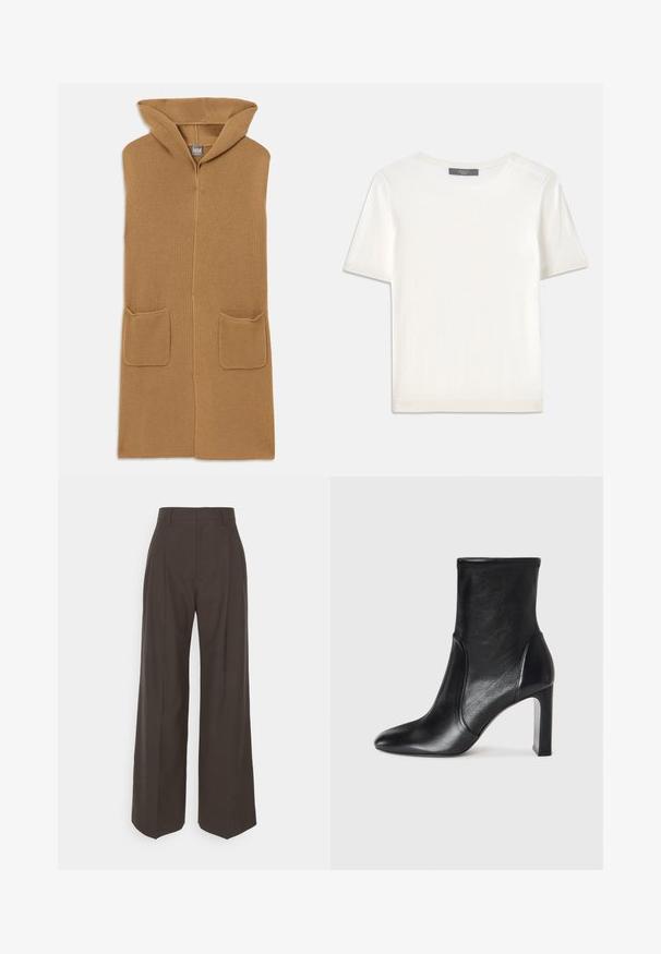 Long, hooded cardigan in camel-colored ribbed knit. Features two front pockets. Soft texture with open front design.; White short-sleeve knit top with a round neckline, featuring a smooth texture and subtle ribbed accents at sleeves and hem.; Dark brown wide-leg trousers with a high waist, featuring neatly pressed creases, smooth texture, and a tailored fit.; Black leather ankle boot with a sleek design, pointed toe, and a high block heel. Features smooth texture and minimalistic stitching detail.