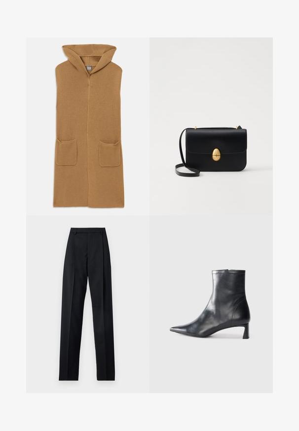 Garšs, kapuces kardigāns, kas izgatavots no kamēļu krāsas ribota adījuma. Iekļauj divas priekšējās kabatas. Mīksta tekstūra ar atvērtu priekšpusi.; Melna īsām piedurknēm T-kreklā ar apaļu izgriezumu, kas izlikts uz baltas virsmas, ar redzamu zīmola etiķeti iekšpusē no apkakles.; Melnas bikses, izgatavotas no gludas auduma, ar augstu vidukli, platiem bikšu galdniekiem, priekšējiem krokām un klasiskām jostu cilpām. Sānu kabatas nav redzamas.; Melnas ādas potītes zābaki ar norādītu pirkstu un elegantu dizainu. Iezīmē zemu papēdi un rāvējslēdzēja aizdari aizmugurē. Gluda tekstūra.; Melnas ādas rokassomu ar strukturētu taisnstūra formu. Iespējas zelta ovāla slēdzis un plāns plecu siksna. Gluda tekstūra.