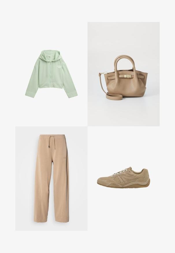 Svetlo zelena skrajšana kapuca z zadrgo spredaj, kapuco na vrvico in tiskom "SUNNY SIDE" v beli barvi. Narejena iz mehke, teksturirane tkanine.; Bela majica s dolgimi rokavi, izdelana iz mehke bombažne tkanine, z okroglim izrezom in obliko z spušenimi rameni, sproščenega kroja in brez vidnih vzorcev.; Bež hlače širokih nogavic iz mehkega materiala z elastičnim pasom in vrvico. Imajo subtilno blagovno znamko na strani in stranske žepke.; Bež semiš športni copat z nizkim profilom, teksturirano površino in belimi vezalkami. Ima ukrivljen dizajn in gumijast podplat za oprijem.; Sara torbica iz svetlo rjave usnje s dvema ročajema in odstranljivim naramnim trakom. Ima zlat tonirni zaponko in teksturirano površino.