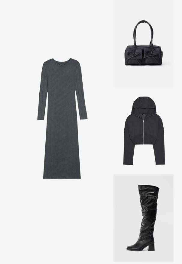 Felpa nera tagliata, realizzata in un tessuto morbido, con zip frontale, ampio cappuccio e polsi a coste. Presenta un design minimalista senza pattern.; Abito a maniche lunghe di colore grigio scuro realizzato in morbido tessuto a maglia. Presenta righe verticali texturizzate lungo le maniche e il corpo. Collo rotondo.; Stivali neri al ginocchio realizzati in pelle lucida con un design morbido, punta affilata e tacco largo. Texture liscia con un delicato lucido.; Borsa in tessuto nero con due tasche frontali decorate con fiocchi, doppi manici e chiusura zip. Texture morbida e forma rettangolare.