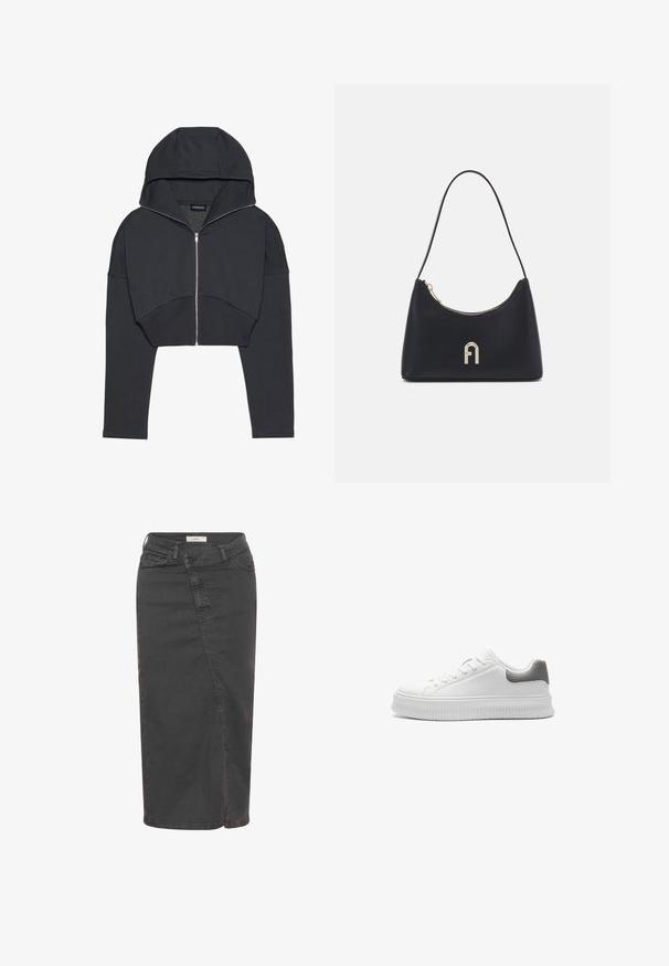 Haut noir court en tissu doux avec fermeture éclair sur le devant, grande capuche et poignets côtelés. Présente un design minimaliste sans motifs.; Chemise blanche à boutons avec un col classique, à manches longues et à coupe décontractée. Tissu doux avec une texture lisse, sans motifs ni accent.; Jupe midi en denim gris avec une taille ajustée, un détail de couture à l'avant et une silhouette droite. Comprend des poches standard et des coutures contrastées.; Baskets blanches avec une tige synthétique lisse, accent en cuir gris texturé à l'arrière, bout rond et semelle épaisse à nervures. Design à lacets avec un minimum de marques.; Sac à bandoulière noir en matériau lisse, avec une forme incurvée, une fermeture éclair dorée et un logo embossé doré sur le devant.