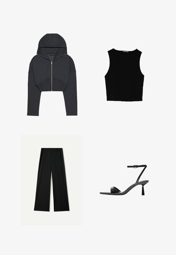 Krótkia czarna bluza z kapturem, wykonana z miękkiego materiału, z przednim zamkiem, dużym kapturem i ściągaczami na rękawach. Charakteryzuje się minimalistycznym wzornictwem, bez żadnych wzorów.; Czarny bezrękawnik crop top z gładkiego materiału, z okrągłym dekoltem i czystym, prostym wzornictwem, bez wzorów czy metalowych elementów.; Bershka WIDE czarny; Bershka - Sandały na obcasie