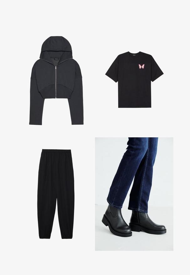 Avkortet svart hettegenser laget av mykt materiale med glidelås foran, stor hette og ribbede mansjetter. Har et minimalistisk design uten mønstre.; Svart bomulls T-skjorte med korte ermer, med en liten rosa sommerfugl grafikk på venstre bryst. Crew-neck design med en avslappet passform.; Svarte, lette bukser med elastisk liv og rynkede ankler. Stoffet er glatt og har en avslappet, innsvingt design.; Sorte lær ankelsko med en kraftig såle og elastiske paneler på siden, kombinert med mørkeblå jeans. Underlaget er lyst.