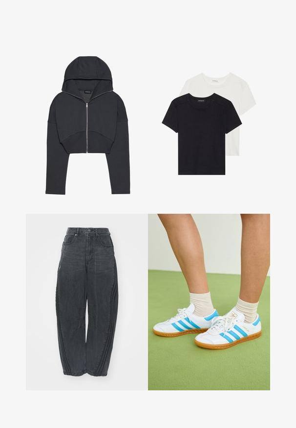Zkrátená čierna mikina s kapucňou vyrobená z mäkkej tkaniny, s predným zipsom, veľkou kapucňou a ribovanými manžetami. Disponuje minimalistickým dizajnom bez vzorov.; Dvoje tričiek s krátkym rukávom v čiernej a bielej farbe. Vyrobené z jemnej bavlny, s okrúhlym výstrihom a štandardným strihom s minimálnym detailom šitia.; Voľné čierne denimové džínsy so zosušeným povrchom, piatimi vreckami, zapínaním na gombík v páse a prešívaním na prednej strane a po stranách.; Biele tenisky s svetlomodrými pruhmi, gumovou podrážkou a šnurovacím dizajnom. Obsahujú zlaté logo a hladký vzhľad podobný koži.