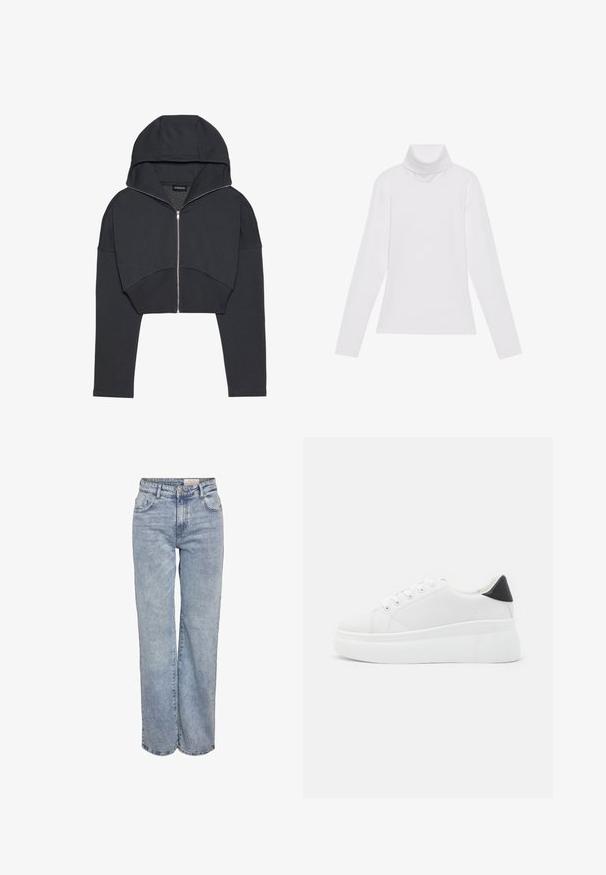 Kratka črna kapuca iz mehkega materiala z sprednjim zadrgo, velikim usnjenim pokrovom in rebrastimi manšetami. Ima minimalističen dizajn brez vzorcev.; Bela dolga majica s turtleneck ovratnikom, izdelana iz gladke, raztegljive tkanine. Ima visok ovratnik in prilega telesu, brez vidnih vzorcev ali okrasitev.; Svjetloplave široke traperice od denima, sa visokim strukom, dizajnom s pet džepova i suptilnim blijeđenjem za izgled nakon nošenja.; Bele platform tenisice izdelane iz gladkega sintetičnega materiala, z zaobljenim prstom, sistemom vezalk in teksturiranim gumijastim podplatom. Črn dodatek na peti.