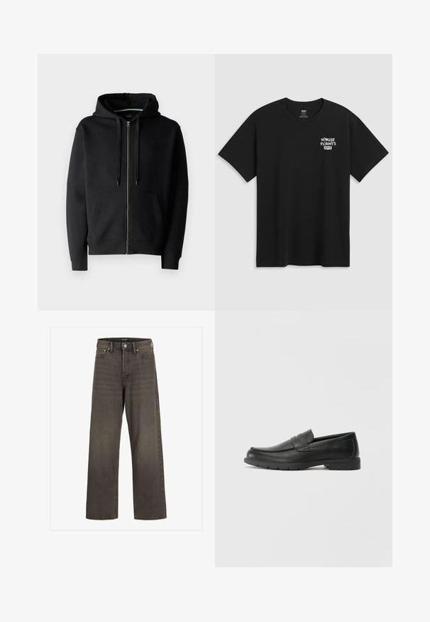 Black zip-up hoodie made of cotton-blend fabric, featuring a front zipper, drawstring hood, and two side pockets. Smooth texture, ribbed cuffs.; Black cotton t-shirt featuring a chest print that reads "HOUSE PLANTS" in white stylized font with "Levi's" below. Classic crew neckline.; Wide-leg jeans in dark grey denim, featuring a high waist, classic five-pocket design, and contrasting stitching along the seams.; Black leather loafers with a smooth finish, moccasin-style upper, stitched detailing, and a rubber sole. Classic design with a low heel.